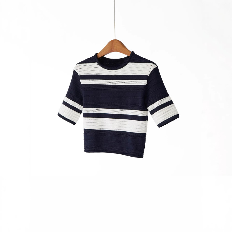 Luxury Channel Exclusive~ Elegant Purple Label 26 Early Spring New Versatile Commuter Color-Block Striped Round-Neck Short-Sleeve Knit T-Shirt