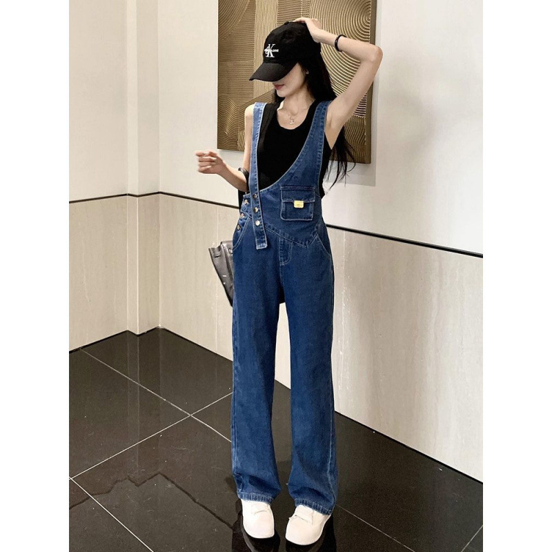 Asymmetric Small Waist Bag Straight-Leg Denim Overalls for Women, New Spring and Autumn Metal Buckle Wide-Leg Versatile Slimming Casual Pants