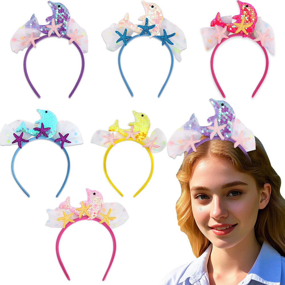 Transfronterizos de sequillas de cola de pescado banda de cabello chica fiesta de cumpleaños decoración mar serie tocado delfin estrella de mar banda de malla de hilo