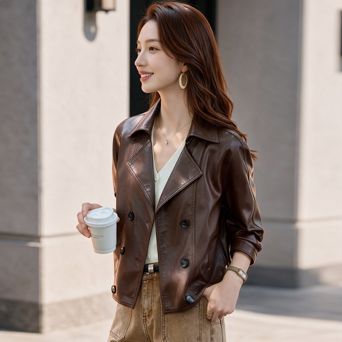 Women's Short Leather Jacket with Turn-down Collar, 2026 Autumn New Style, Petite Size, Vintage Casual Chic PU Leather Coat
