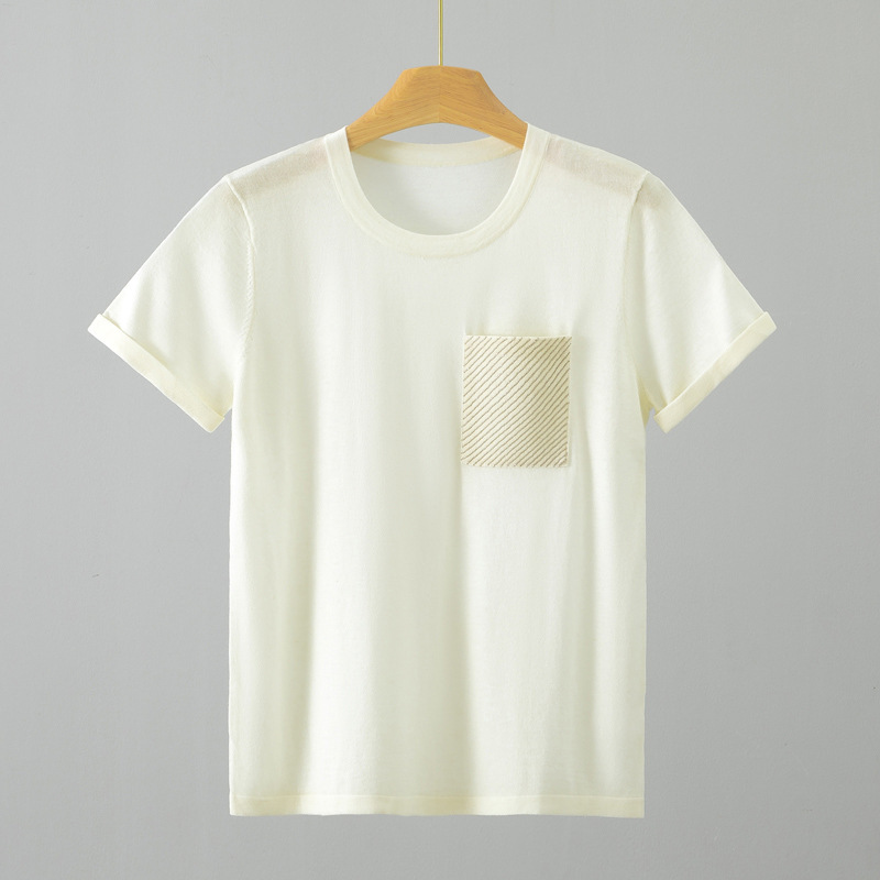 Bc Old Money Style Beaded Chain Single Pocket Design Round Neck Pullover German Yangzi Merino Wool Short-Sleeved Knit Top