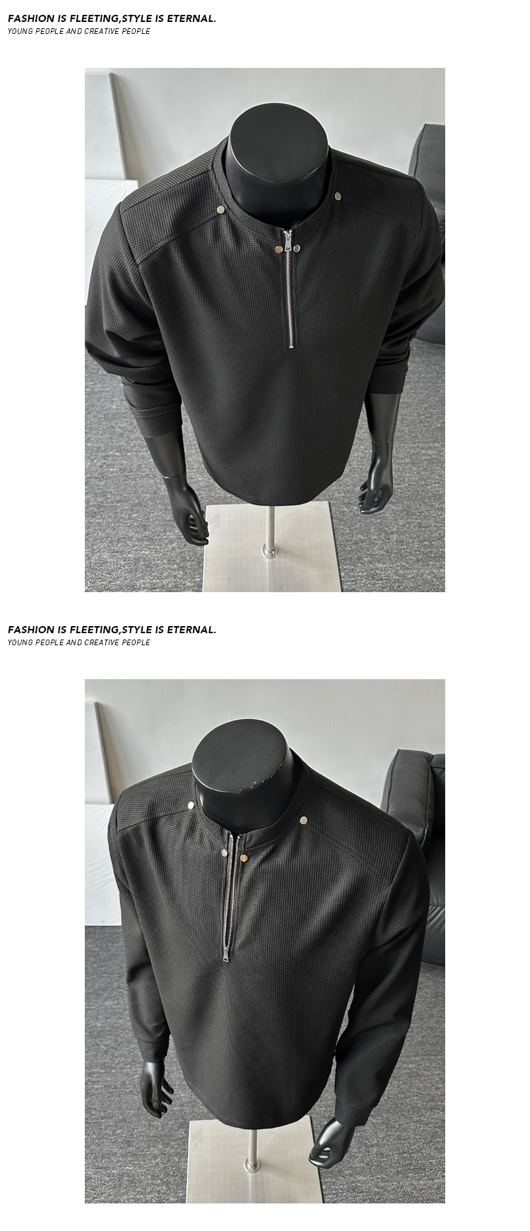 T-shirt a maniche lunghe uomo in maglia waffle con zip e patchwork_voghion.com