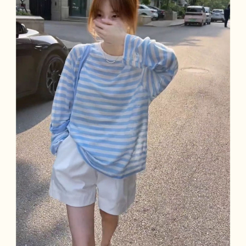 Blue Long-sleeved T-shirt Women's Thin Sunscreen Blouse Summer 2025 New Korean Style Loose Elegant Striped Top