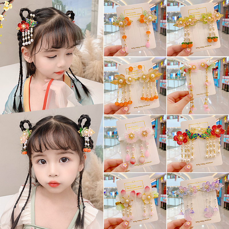 儿童中国风头饰汉服发夹女童假发辫玉石古典流苏发卡古装配饰发饰
