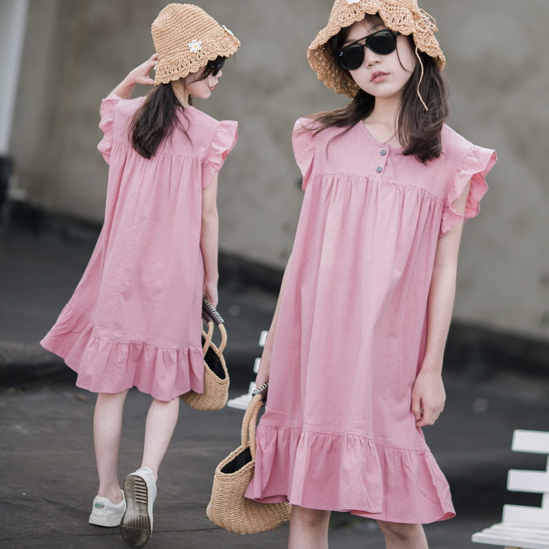 Vestido de niña, manga voladora de verano, falda literaria para niños, falda de playa de vacaciones con volantes, estilo occidental suelto