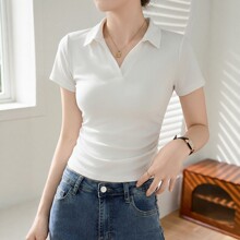 白色短袖t恤女2026夏季新款甜辣妹polo翻领体恤修身正肩短款上衣
