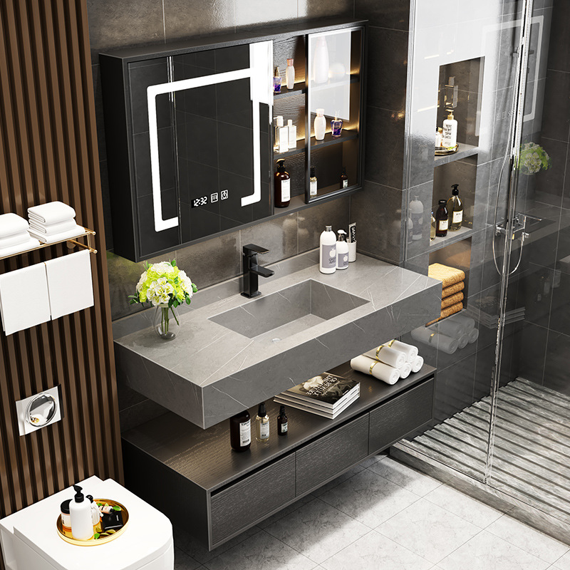 Placa de roca minimalista moderno integrado cuenca baño gabinete combinación hogar Baño lavabo inteligente espejo lateral gabinete
