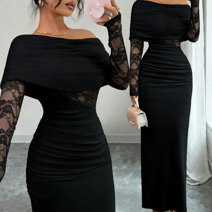 G25D370 One-Shoulder Black Lace Long-Sleeved Dress with Pleated Waist, Cut-Out Waist, and Hip-Hugging Design for a Stylish Look