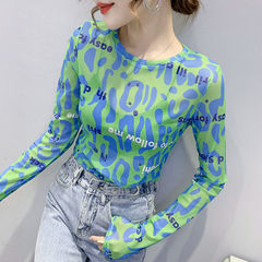 Thin mesh sundress, 2025 summer new style fashionable printed round neck long sleeve base shirt, colorful and stylish top