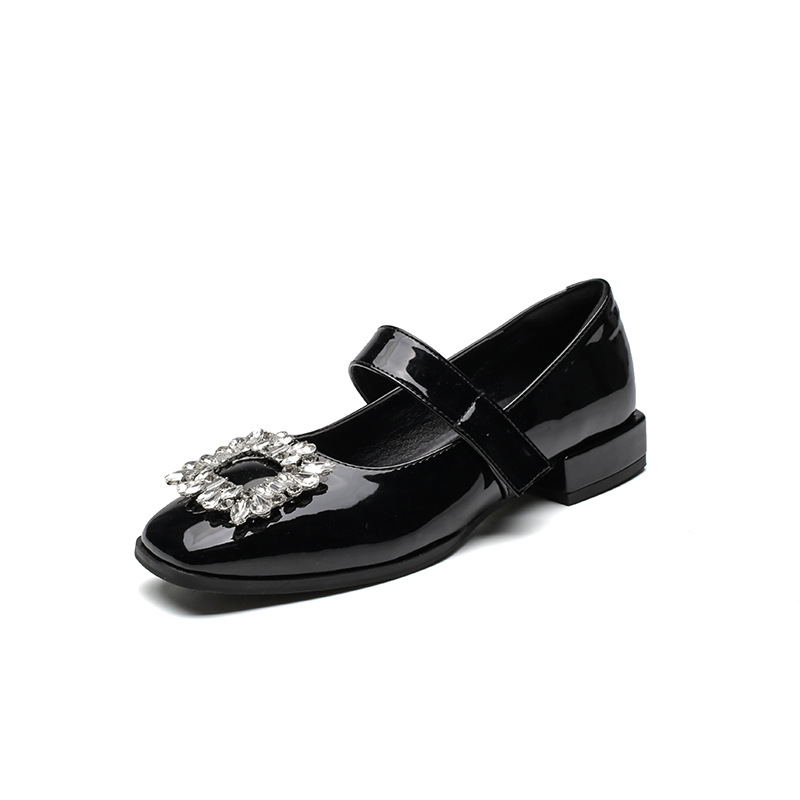 Loafers van echt leer met vierkante kop en dikke hak lente 2024, nieuwe decoratieve single met glanzende waterdiamantengesp voor dames_voghion.com