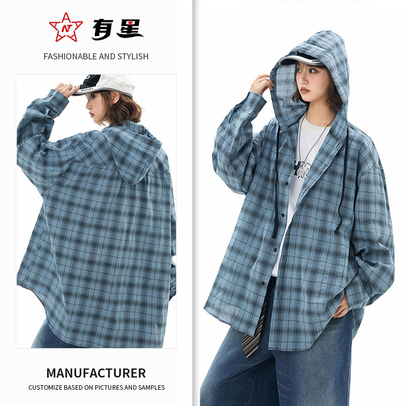 Hooded Plaid Long-Sleeved Shirts for Men and Women, Trendy Brand Loose Shirts, Sun Protection Jackets, American Retro Casual Tops