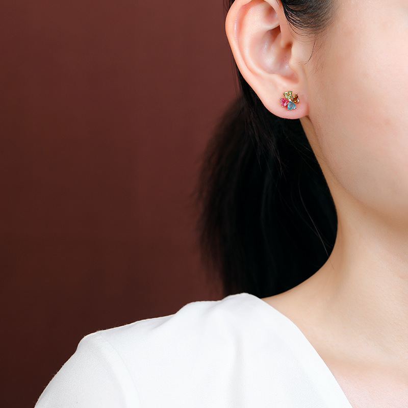 Bông tai bạc S925 mạ vàng hồng hình trái tim đính đá tourmaline — Một cặp (màu ngẫu nhiên của tourmaline)