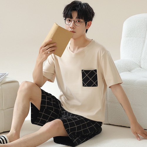 Summer Men's Cotton-Like Padded Short-Sleeve Shorts Lounge Outwear for Plus Size Teenagers, Can Be Worn Outside, Thin Home Clothes for Men