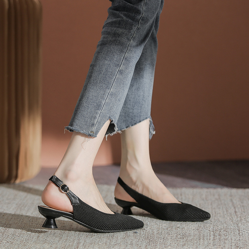 Princess Japanese-Style Women's Shoes 2026 Spring/Summer New Knit Mid-Heel Pointed Breathable Woven Leopard Print Backless Fly-Knit Shoes