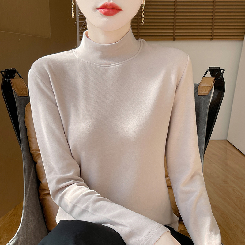 2025年秋冬新款棉线半高领针织衫长袖女加绒保暖纯色打底衫上衣|undefined
