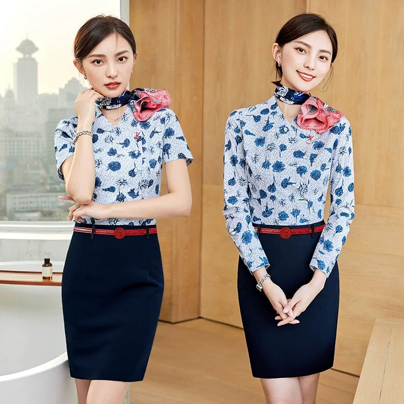 China Eastern Airlines Stewardess Uniform Women's Summer Short-Sleeved Professional Shirt Blue and White Porcelain Shirt Flight Attendant Restaurant Hotel Front Desk Work Uniform China Eastern Airlines Stewardess Uniform Women's Summer Short-Sleeved Professional Shirt Blue and White Porcelain Shirt Flight Attendant Restaurant Hotel Front Desk Work Uniform