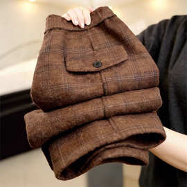 复古棕色毛呢直筒裤女2025冬季新款高腰宽松显瘦通勤大码阔腿长裤