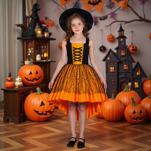 跨境新款萬聖節新款女巫派對演出服橙色無袖拖尾蓬蓬裙節日禮服