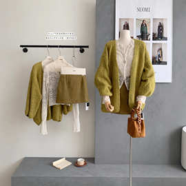 慵懒风针织开衫+纯欲蕾丝衫+百搭灯芯绒高腰休闲半身裙套装女秋冬