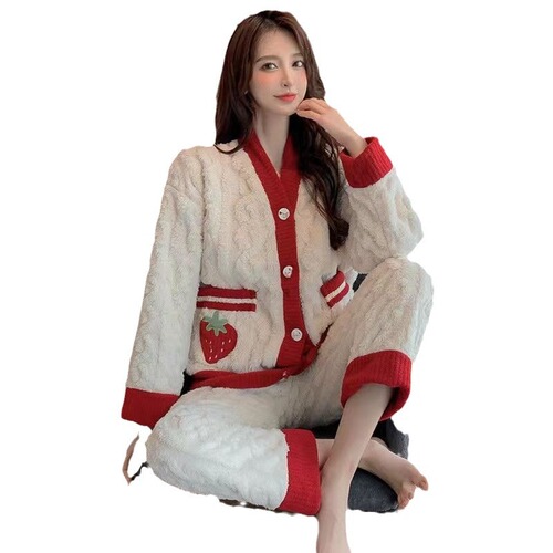 Autumn and Winter Thick Blackberry Rose Silk Pajamas Set for Girls Long Sleeve Long Pants Little Princess Style Fringe Flannel Home Clothes Set Thick Warm