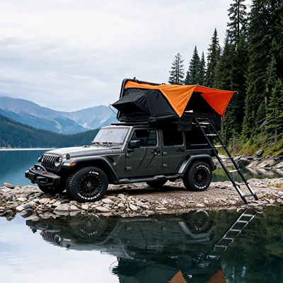 Avtomobil dam çadırları Hydraulic Automatic Tent Car - 16m-orange-cloth-body-black-sunshade-medium-size-3-people-large-size-4-people