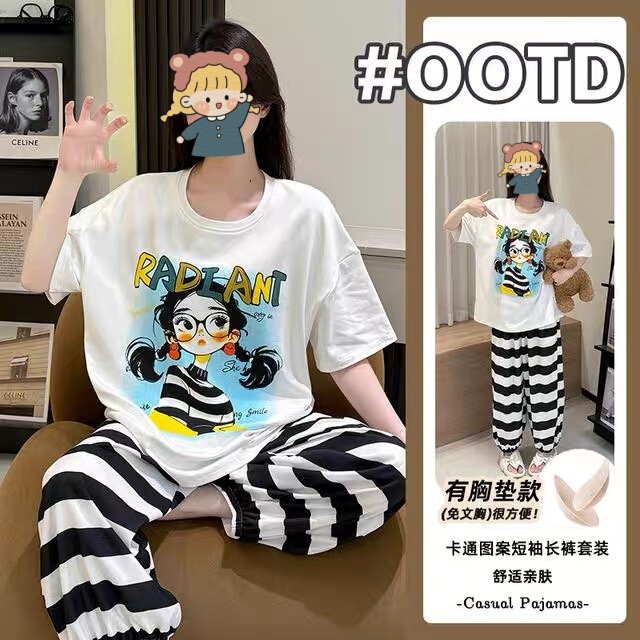 女性のための胸パッド付き人気パジャマ 2025 半袖ズボン夏のホーム服かわいいスタイル快適なカジュアルスーツアウターウェア|undefined