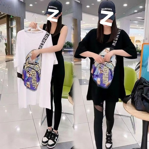 Summer Fashion New Crossbody Bag Pocket Zip Short Sleeve Women's T-shirt 2024 Korean Style Casual Crew Neck Print Top