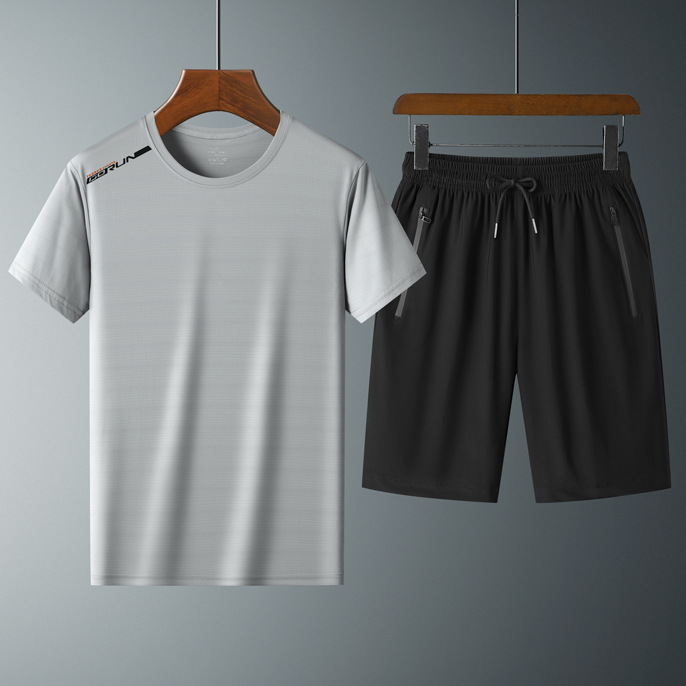 Ropa de verano de secado rápido traje de manga corta deportiva para hombres talla grande Camiseta de seda de hielo pantalones de estudiante traje de tres piezas