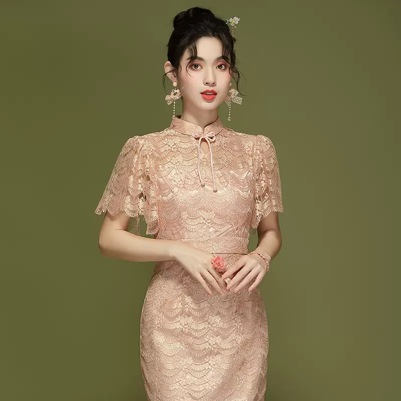 中国风女装夏季2025新款蕾丝短袖改良年轻款旗袍连衣裙24172
