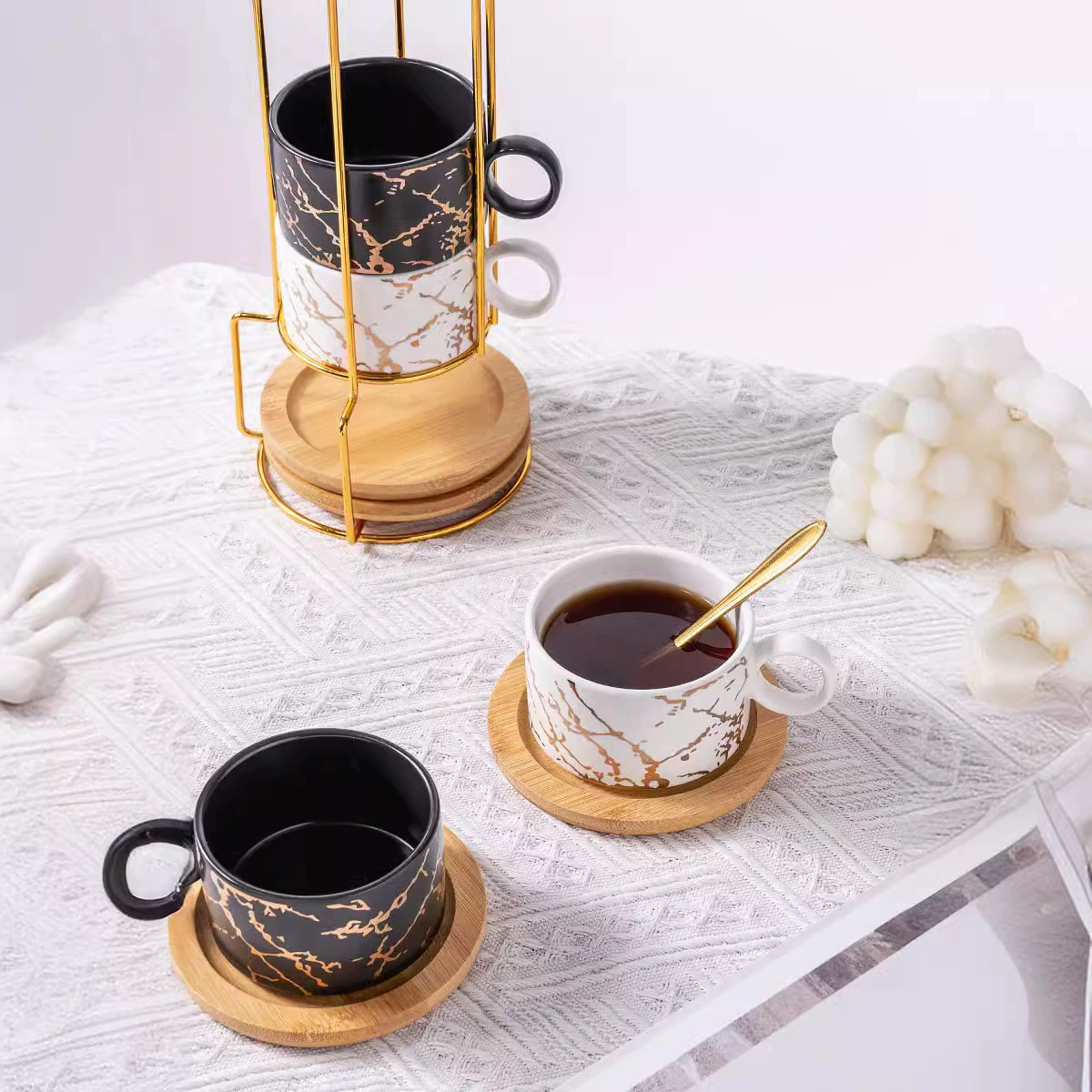 Ceramic coffee white set, marble design tea cup, golden spoon, 180 ml
