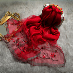 新款真絲羊毛刺繡圍巾女 絲毛繡花桑蠶絲絲巾防曬披肩女廠家批發