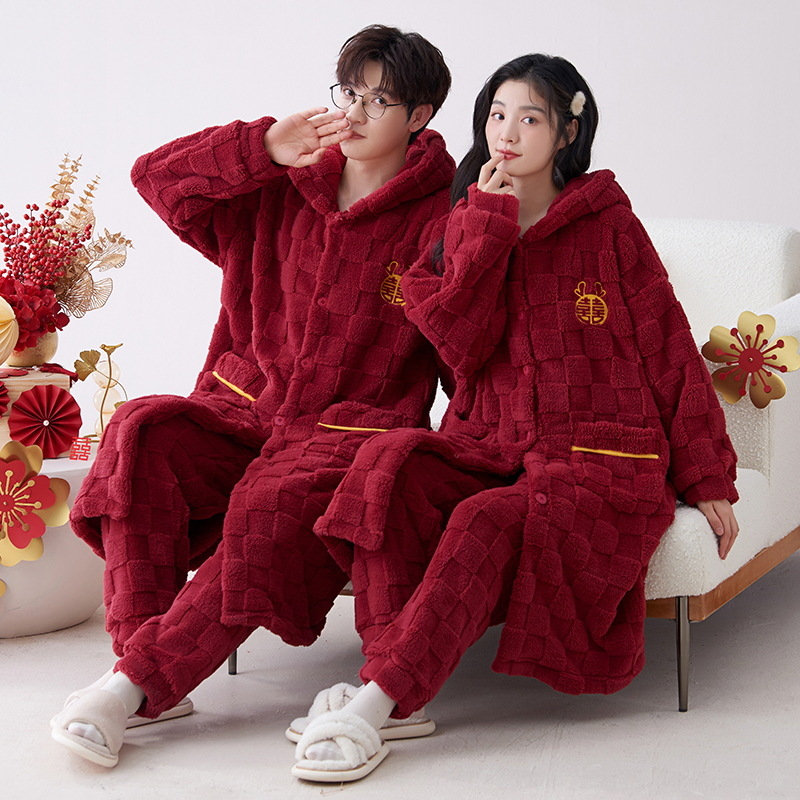 Pijama de casamiento de nuevo matrimonio conjunto de invierno pijama de lana de coral más lana gruesa ropa de hogar de franela