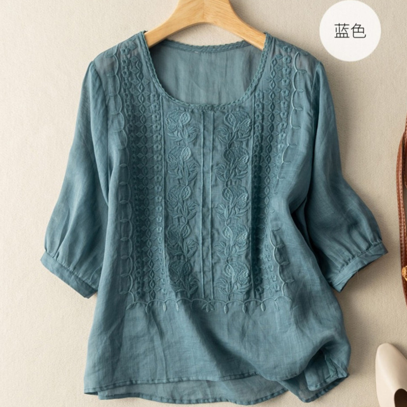 女性の綿麻の薄いタイプの刺繍の夏の新型の丸首の上着の文芸の復古の通気性の泡の袖の半袖の女性のtシャツ