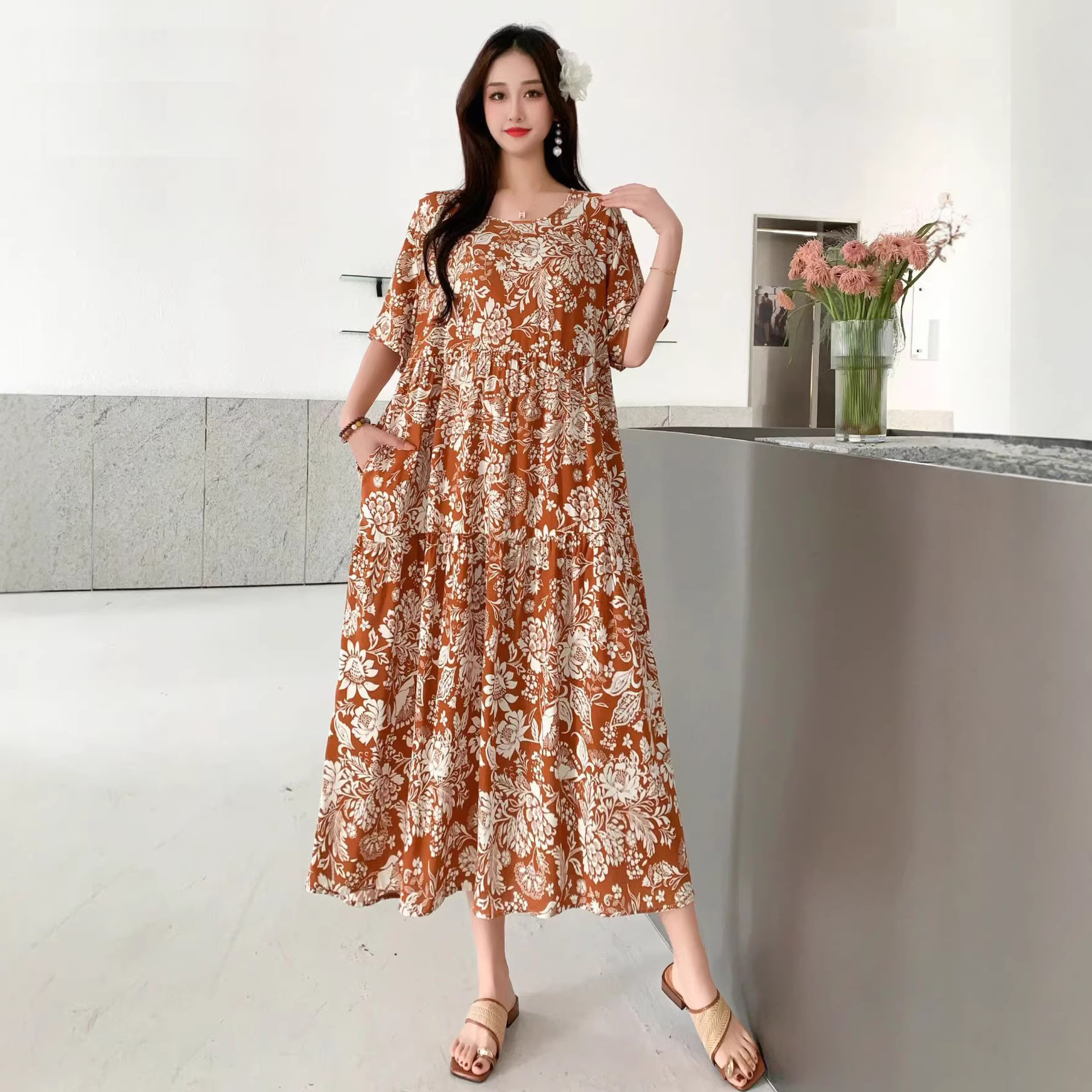 Short-sleeved Cotton Silk Women's Dress, European And American 2025 New Style, Round-neck Seaside Vacation Style Dress_ecoleips.com
