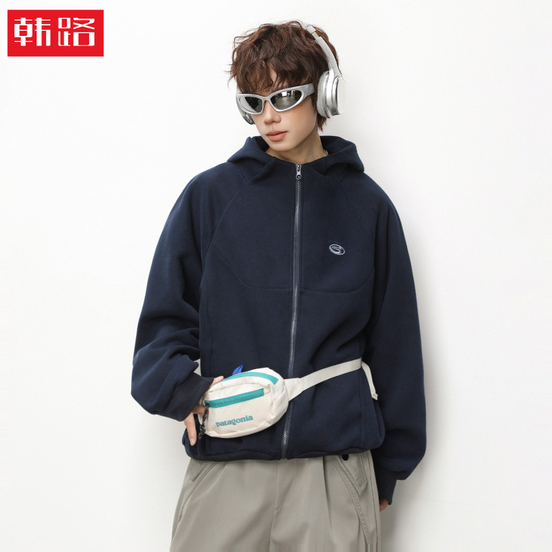 400g Heavyweight Cardigan Hooded Sweatshirt for Men, Structured Split Short Wide Boxy Hoodie with Color-Blocking Embroidery, American-Style Jacket 400g Heavyweight Cardigan Hooded Sweatshirt for Men, Structured Split Short Wide Boxy Hoodie with Color-Blocking Embroidery, American-Style Jacket