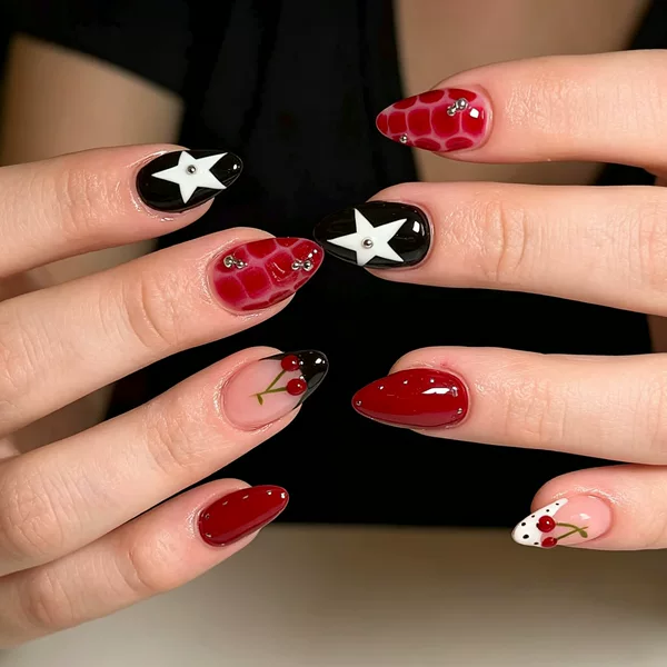 30 Pieces of European and American Popular Daily-Use Polka Dot 3D Sweet Cherry Almond Press-On Nails with a High-End French Manicure Feel
