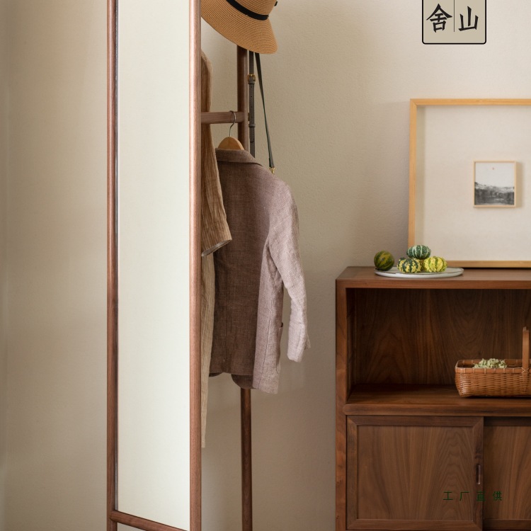 旋转穿衣镜挂衣架一体全身镜落地实木黑胡桃木镜子衣架