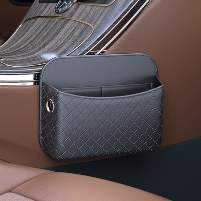 Car Multifunctional Rhombus Storage Box Car Adhesive Door Storage Box Interior Leather Mobile Phone Miscellaneous Bag (Car storage bag/box) - 4145-storage-bag-black