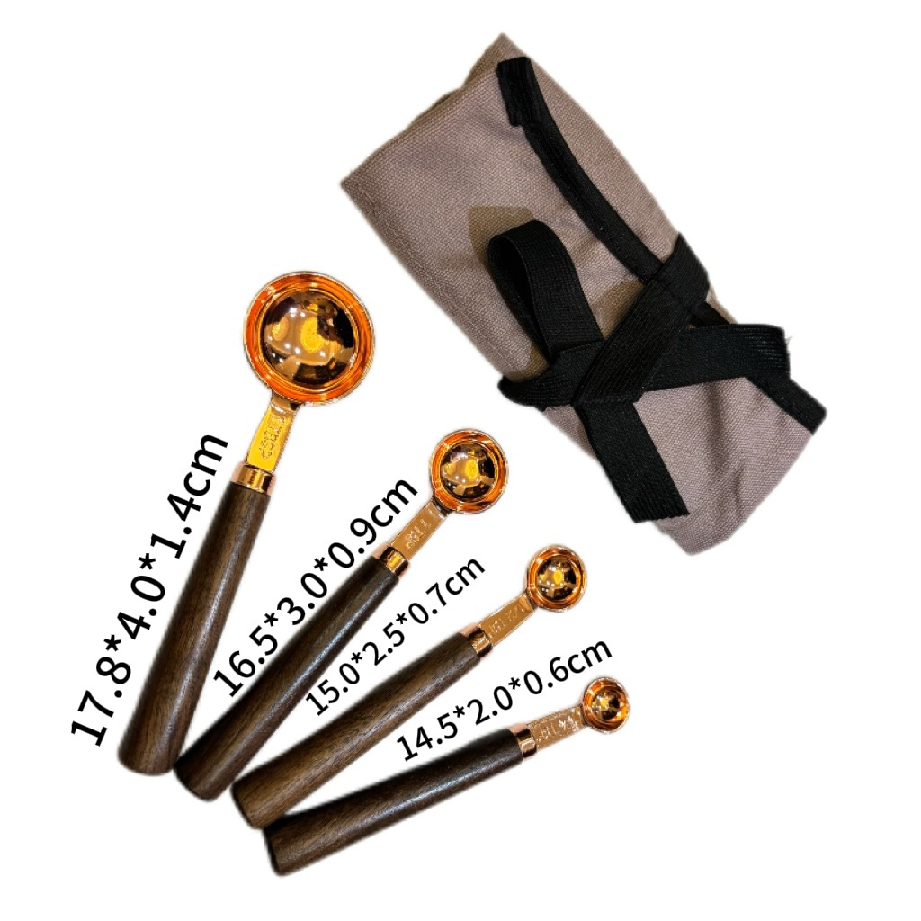 Acacia dorada mango de madera de acero inoxidable taza de medición cuchara de medición 8 piezas con escala de medición de herramientas de horneado de cocina dulces