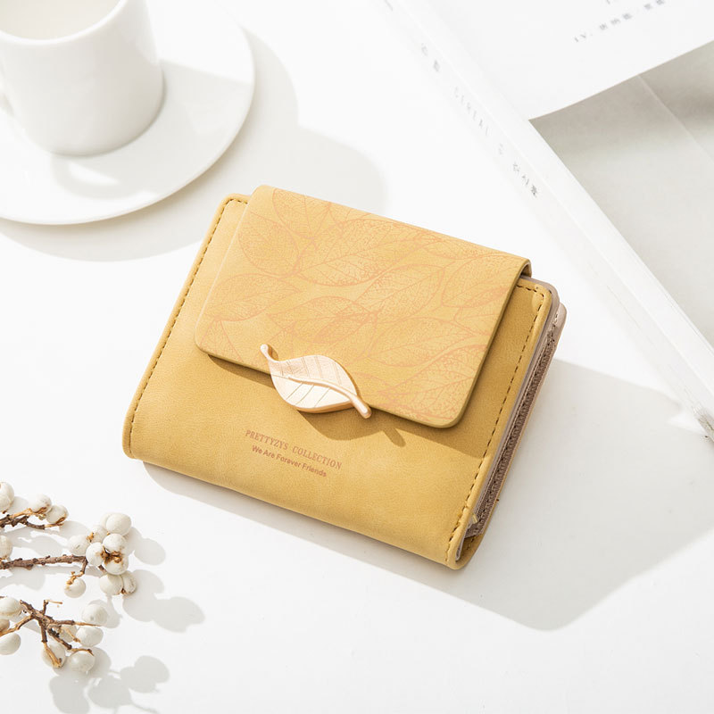 Popular Women's Short Wallet Korean Style Fresh Print Leaf Buckle Folding Zipper Mini Student Coin Purse