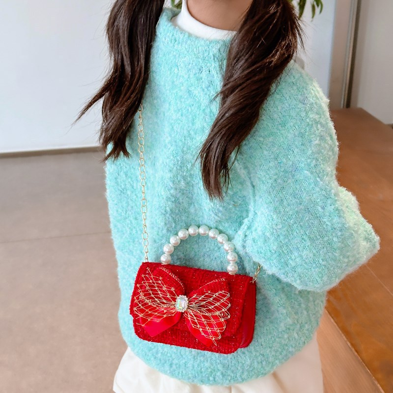 Bolsos rojos para niños, bolsos de arco de perla para chicas, regalos de Navidad y Año Nuevo, bolsos de transporte