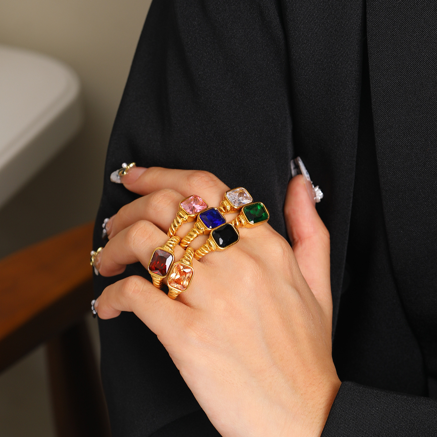 10g Weight Real Gold Plated Plating Material Zircon Inlay Material Rings Classification 1 Piece Quantity Real Gold Plated Square 304 Stainless Steel Simple Style Commute Waterproof Non Tarnish Rings