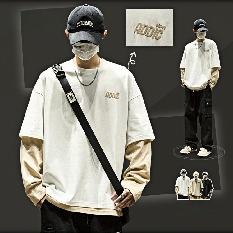 Spring and Autumn American Retro Fake Two-Piece T-Shirt Plus Size Men's Round Neck Top Long-Sleeved Sweatshirt Fashionable and Versatile Spring and Autumn American Retro Fake Two-Piece T-Shirt Plus Size Men's Round Neck Top Long-Sleeved Sweatshirt Fashionable and Versatile