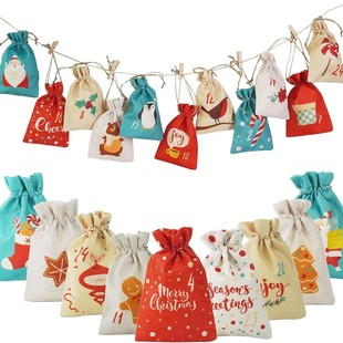 2025 New Christmas Linen Drawstring Candy Gift Bags Advent Calendar Christmas Gift Bag Set