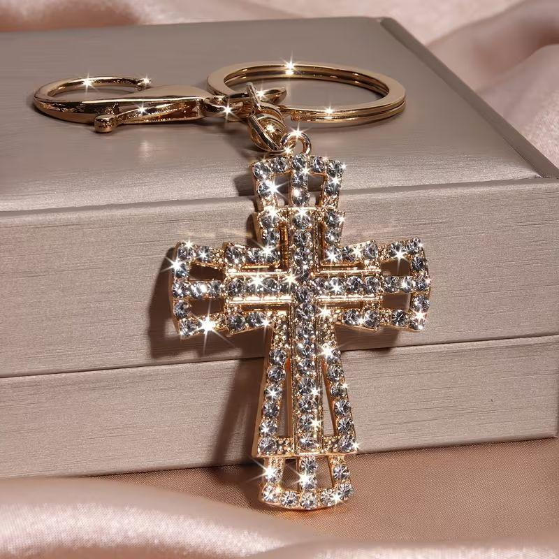 Cross-Border European and American Popular Niche Luxury Cross Pendant Keychain with Double-Layered Cross and Diamond Embellishments, Trendy Bag Chain Accessory