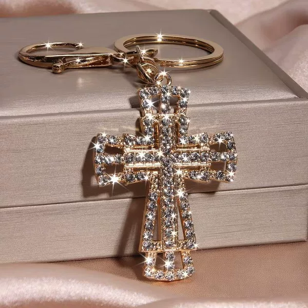 Cross-Border European and American Popular Niche Luxury Cross Pendant Keychain with Double-Layered Cross and Diamond Embellishments, Trendy Bag Chain Accessory