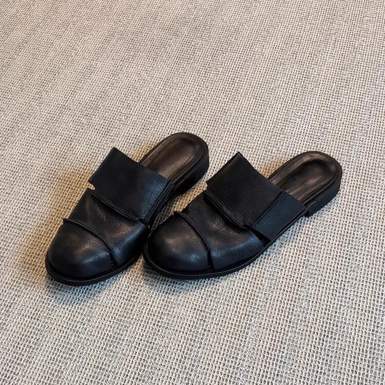 Sheepskin Version! Black Closed-Toe Half-Slippers for Women, Retro Style Soft Leather Slip-On Mules, Low-Heeled Roman Shoes