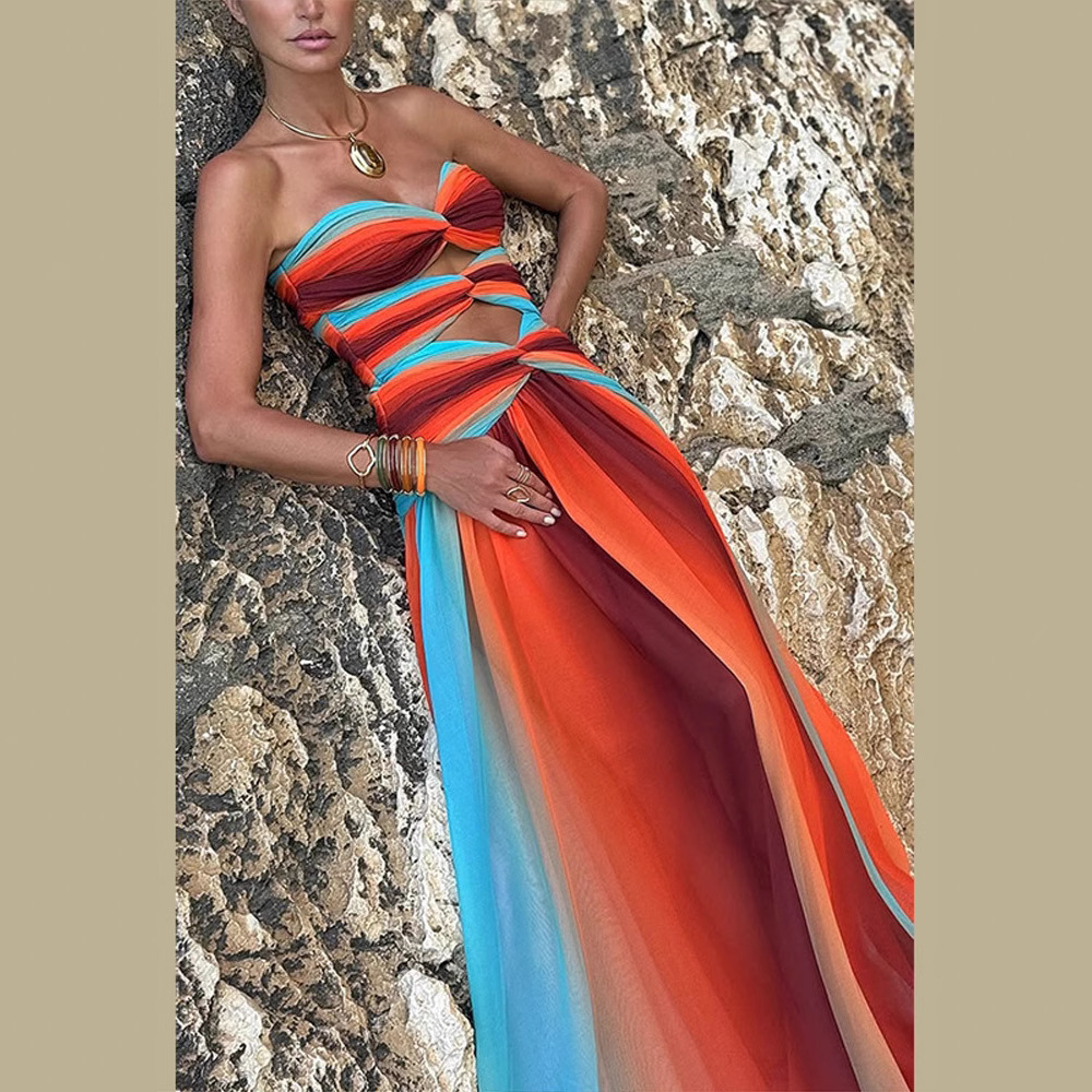 Elegant Strapless Long Dress Spring Summer 2025 Hollow out Backless Color Block Foreign Trade New Style_ecoleips.com