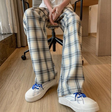 蓝色格子裤子女夏季2025新款高腰显瘦学生休闲百搭直筒宽松阔腿裤