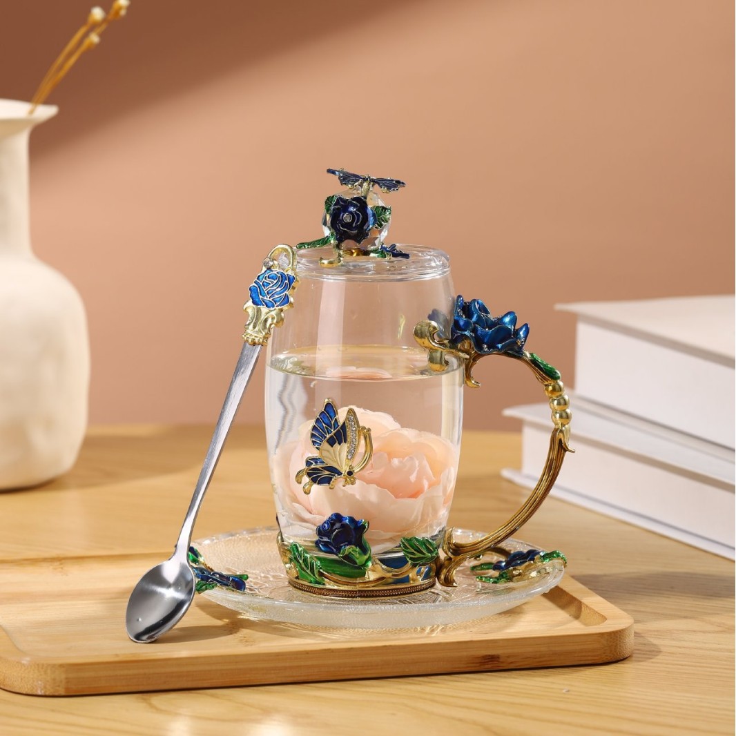 Taza de té con cubierta de flores creativa sala de estar taza de agua de desayuno de lujo taza de leche de esmalte de color taza de café de mujer taza de vidrio casero